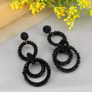 Black Beaded Two Ring Double Layered Earrings