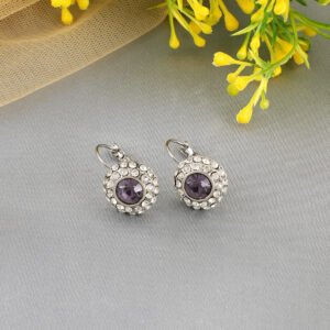 Purple Stone-Studded Silver-Plated Clip-On Lever-Back Drop Earrings