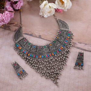 Oxidized Silver Traditional Multicolor Stone Jewelry Set For Women/Girl’s
