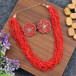 Handcrafted Red Beaded peral Jewellery Set