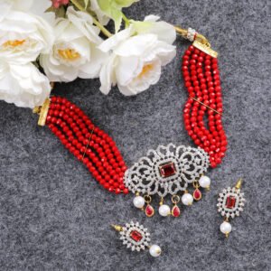 Women’s Gold-Plated Red AD-Studded Beaded Multilayer Choker Jewellery Set