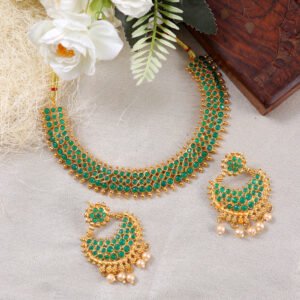 Gold-Plated Traditional Green Stone/KundanWork Jewellery Set
