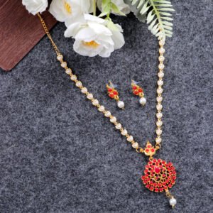 Ethnic Long Red Stone & Pearl Beaded Necklace Set