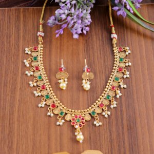 Gold Plated Red & Green Stone Pearl Beaded Jewellery Set