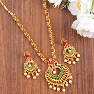 Gold-Plated Red & Green Stone Peacock Necklace Set