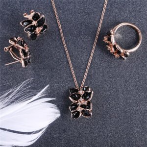 Gold-Tone Floral Black Pendant Jewellery Set