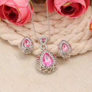Silver-Plated Crystal Pink Teardrop Pendant Necklace and Earrings Set