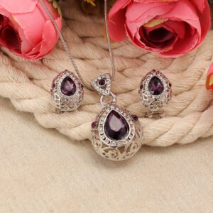 Silver-Plated Crystal Purple Teardrop Pendant Necklace and Earrings Set