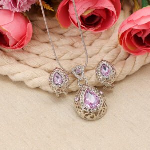 Silver-Plated Crystal Light Pink Teardrop Pendant Necklace and Earrings Set