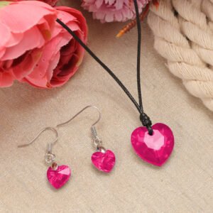 Pink Crystal Heart Pendant Necklace and Earrings Set