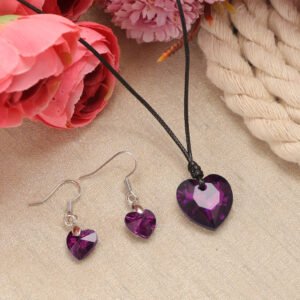 Purple Crystal Heart Pendant Necklace and Earrings Set