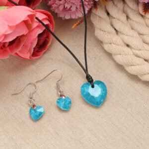 Blue Crystal Heart Pendant Necklace and Earrings Set