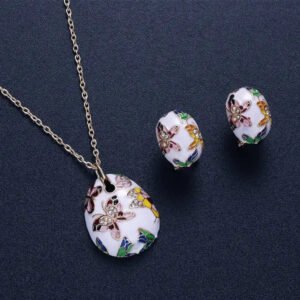 Enamel Style Austrian Crystal Gold Toned Pendant Necklace & Earrings Set