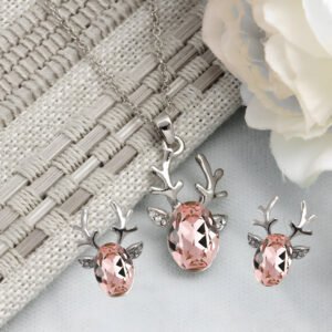 Silver-Plated Peach Crystal Deer Design Necklace & Earring Set