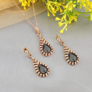 Gold-Plated Grey Crystal Retro Drop Necklace & Earring (Jewellery Set)