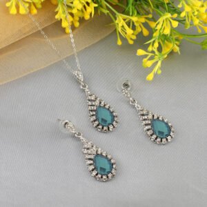 Silver-Plated Green Crystal Retro Drop Necklace & Earring (Jewellery Set)