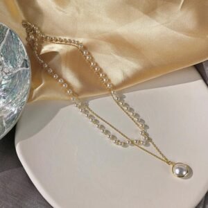 Gold-Plated Pearl Studded Long Pendant Necklace