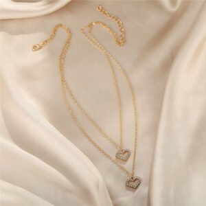 Gold-Plated Double Layered Heart Pendant Necklace for Women/Girls