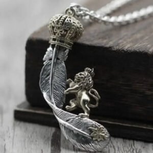 Oxidized Silver Lion Crown Pendant Necklace