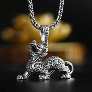 Oxidized Silver Dragon Pendant Chain Necklace