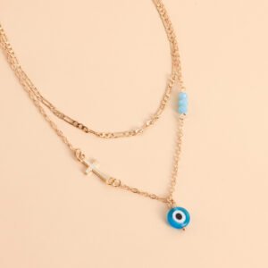 Gold-Plated Layered Evil Eye Pendant Necklace for Women/Girls