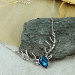 Blue Crystal Studded Silver-Plated Deer Pendant Necklace