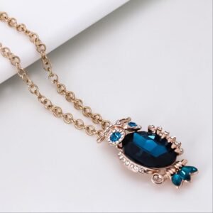 Gold-Plated Blue Crystal Owl Pendant Necklace