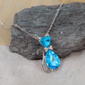 Silver-Tone Blue Crystal Kitty Teardrop Cat Chain Pendant Necklace for Women/Girls