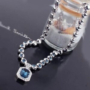 Silver-Plated Blue Crystal Stud Pendant Necklace for Women/Girls