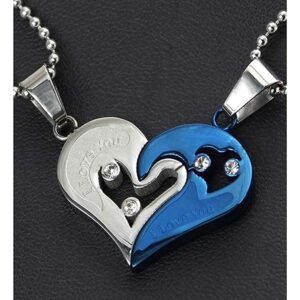 Dual-Tone Blue Heart Locket Couple Double Chain Pendant Necklace for Men/Women