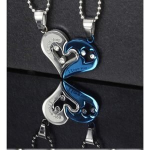 Dual-Tone Blue Heart Locket Couple Double Chain Pendant Necklace for Men/Women