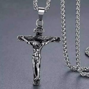 Oxidized Silver Jesus Crucifix Cross Pendant Necklace for Men