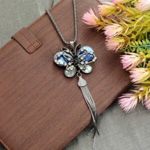 Silver-Plated Blue Crystal Stud Long Tassel Butterfly Pendant Necklace