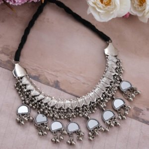 Oxidized Silver Mirror Ghunghroo Choker Necklace