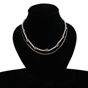 Gold-Plated Chain White Pearl Beaded Layered Necklace