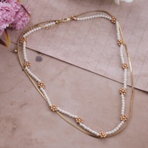 Gold-Plated Chain White Pearl Beaded Layered Necklace