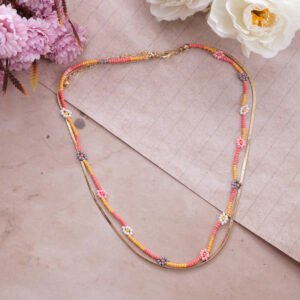 Gold-Plated Chain Pink/Yellow Pearl Beaded Layered Necklace