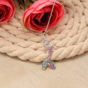 Silver Plated Pink Crystal  Mermaid Pendant Necklace
