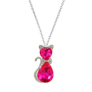 Silver-Plated Pink Crystal Cat Pendant Necklace