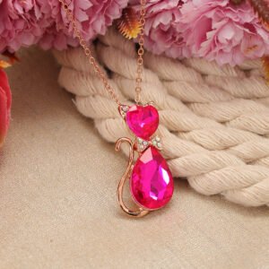 Gold-Plated Pink Crystal Cat Pendant Necklace