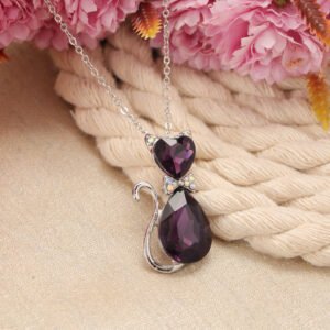 Silver-Plated Purple Crystal Cat Pendant Necklace