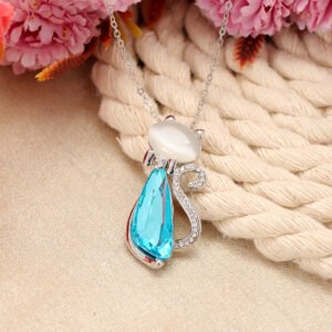 Gold-Plated Cat Style Crystal Blue Studded Pendant Necklace