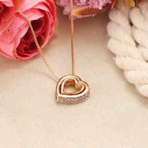 Double Gold-Plated Pink Crystal Heart Pendant Necklace
