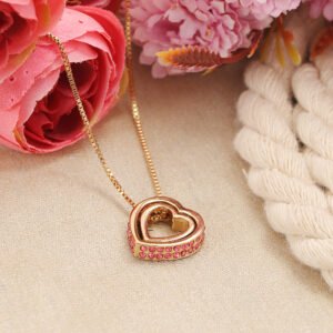 Double Gold-Plated Royal Pink Crystal Heart Pendant Necklace