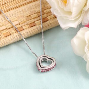 Double Silver-Plated Pink Crystal Heart Pendant Necklace
