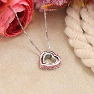 Double Silver-Plated Pink Crystal Heart Pendant Necklace