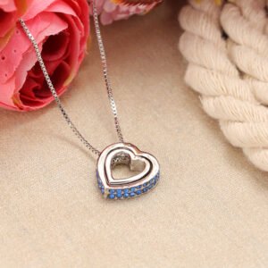 Double Silver-Plated Blue Crystal Heart Pendant Necklace