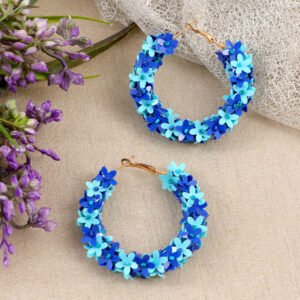 Beaded Blue Floral Hoop Earrings