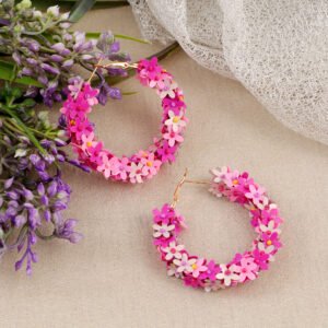 Beaded Pink Floral Hoop Earrings