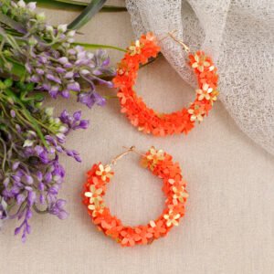 Beaded Orange Floral Hoop Earrings